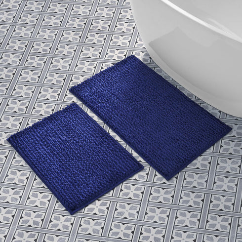 Laura Ashley Butter Chenille Bath Rug, Absorbent Shaggy Non-Slip Bathroom Mat - 2 Piece Navy