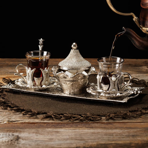 DEMMEX Set 2 2 3.3 oz 12" 5" Turkish Tea and Coffee Serving for Includes Glasses, Metal Glass Holders, Saucers, Spoons