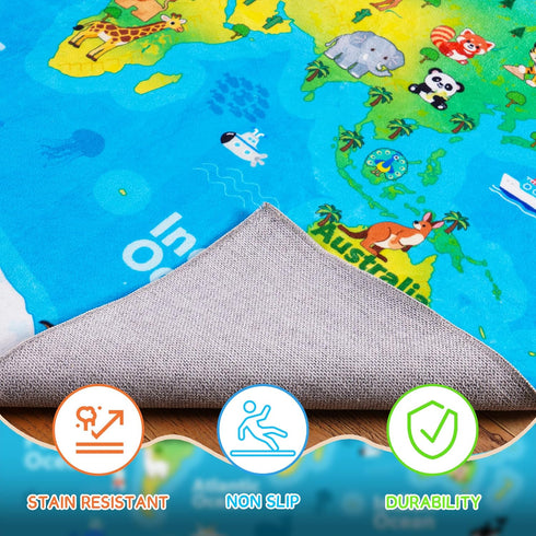 4x5ft Kids Playroom Rug, World Map Play Mat with Cute Animals, Washable Durable Soft Carpet Kid Educational Rugs