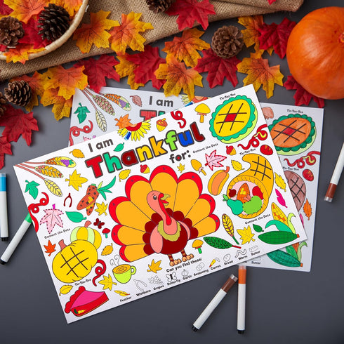 24 JOYIN Pcs Thanksgiving Coloring Placemats, Thanksgiving Turkey Coloring Paper Table Mats, Make Your Own Art & Craft