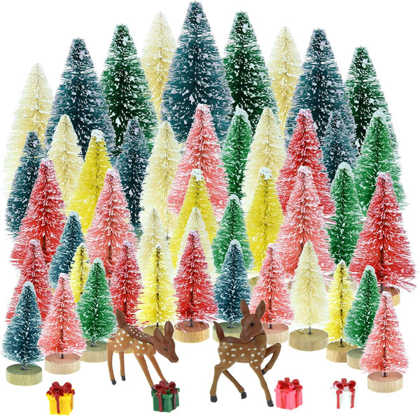 Yookat 51Pcs Pine Trees Artificial Trees with Wood Base, Assorted Color and Deer Boxes for Christmas Decoration