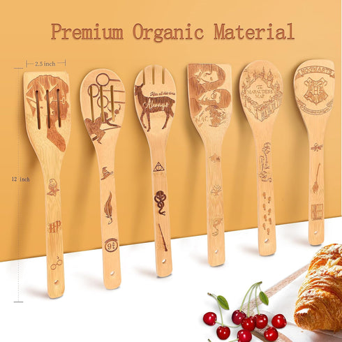 Wooden Spoons for Cooking Sets of 7 Pieces, Magical Bamboo Cooking Kitchen Utensils Kitchen Accessories Set Engraved Patterns Magic Cooking Spoons Mom Birthday Gift Thanksgiving Christmas