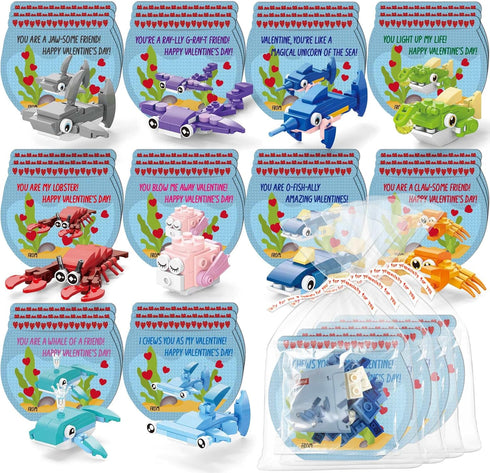 UrJKJV Valentines Cards for Kids Classroom - 30 Pack Sea Animal Building Blocks