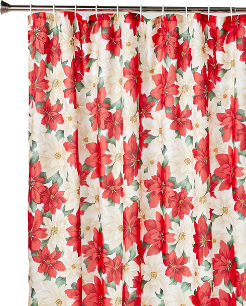 Violet Linen Decorative Christmas Printed Poinsettia Floral Design Shower Curtain, 72" X 72"