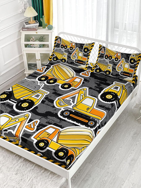 Datura home 4Pcs Set 1 1 2 Set Construction Truck Twin Sheet - Flat Sheet, Fitted Sheet, Pillowcases - Truck Yellow