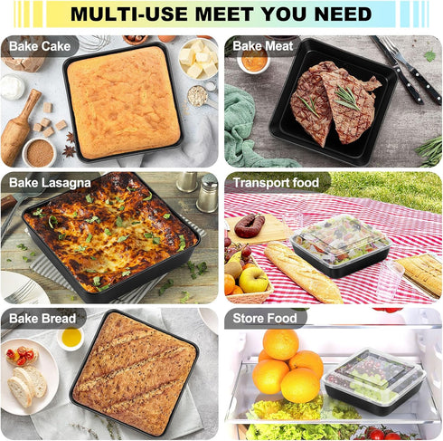 P&P CHEF 8 Inch Square Baking Pan with Lid Set, Non-Stick Square Cake Pans for Brownies and Lasagna, 4 Pieces