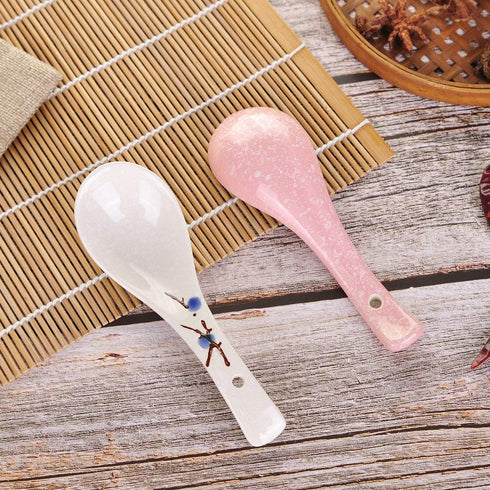 VanEnjoy Set of 4 Chinese/Japanese Ceramic Soup Spoons, Pink Cherry Blossom in Snow Pattern