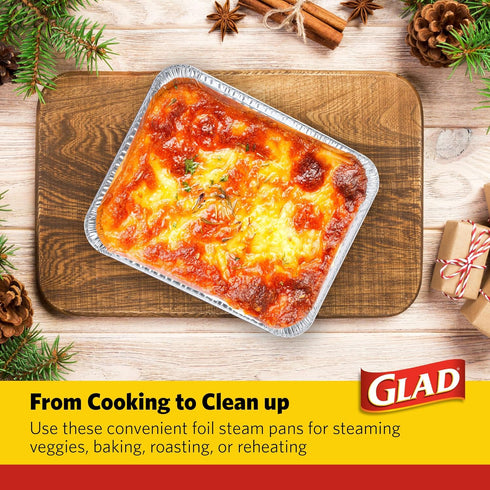 Glad Disposable Aluminum All-Purpose Pans in Red & White Snowflake Pattern, 2ct with Lids, Durable Foil Steam Pans