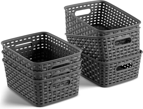 Set of 6 Plastic Storage Baskets - Small Pantry Organizer Bins with Cutout Handles for Kitchen and Home Organization