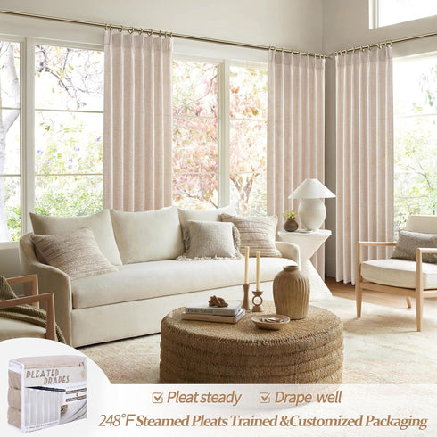 54 Inches 2 Sets, Pinch 40"Wx54"L Natural Linen Small Kitchen Curtains Long Panels Light Filtering Memory Trained