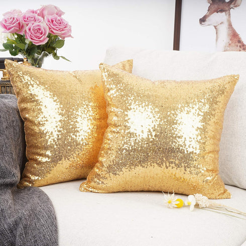 YOUR SMILE Pack of 2 New Luxury Series Gold Blink Decorative Sequin & Comfy Satin Throw Pillow Cover, 18" x 18"