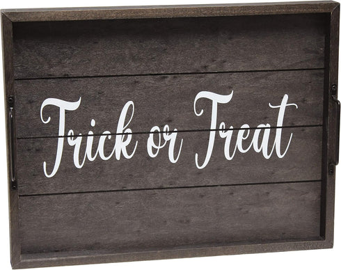 Elegant Designs Trick or Treat Decorative Wood Serving Tray - 15.50" x 12" Black Wash with Handles