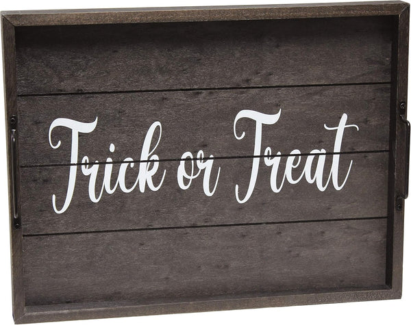 Elegant Designs Trick or Treat Decorative Wood Serving Tray - 15.50" x 12" Black Wash with Handles