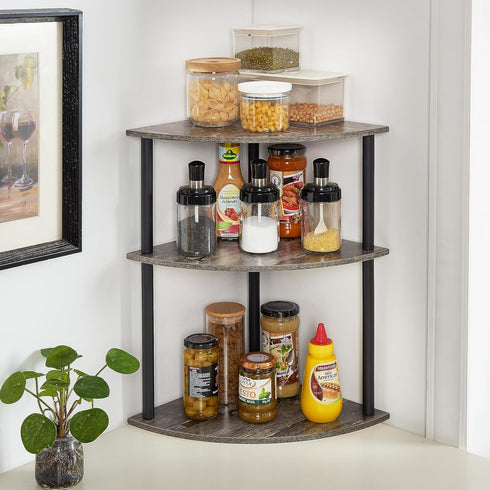 3-Tier Corner Shelf Stand, Rustic Wood and Metal Corner Display Rack, Small Triangle Corner Storage Organizer