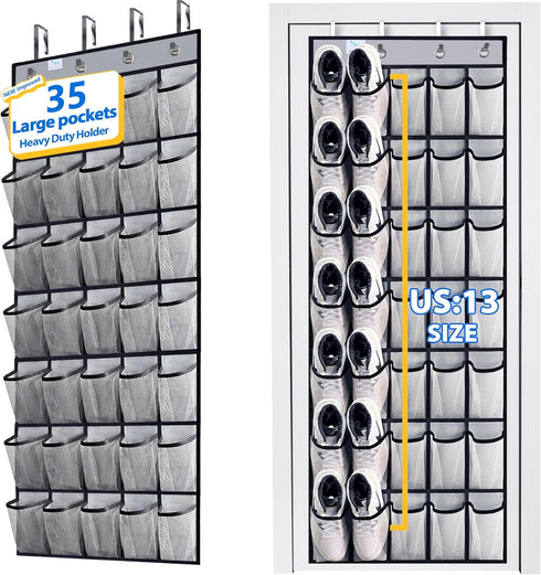 Over the Door Shoe Organizer, 2024 Upgraded, 35 Huge Pockets for Size 13 Shoes