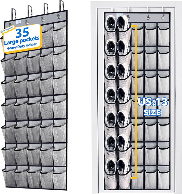 Over the Door Shoe Organizer, 2024 Upgraded, 35 Huge Pockets for Size 13 Shoes