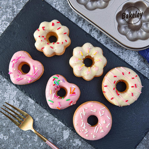 Fancy Donut Pan, 6 Cavity Heavy Duty Steel Non-stick Mold, Heart Flower Round Shaped Bund Pans for Oven Baking