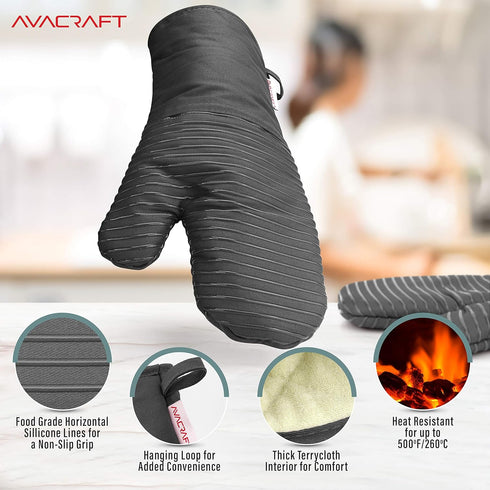 AVACRAFT Oven Mitts Pair, Flexible 100% Cotton with Heat Resistant Silicone, Thick Terry Cloth Interior, 500°F (Grey)