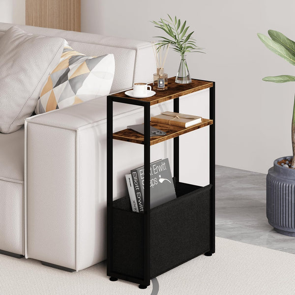 Leomonio Narrow Side Table, Slim End Tables with Fabric Basket, Skinny Table