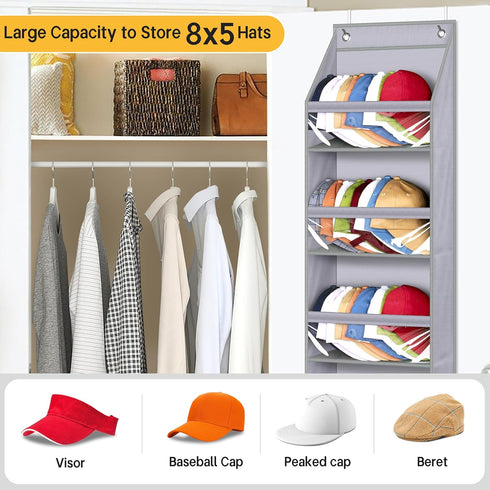 SLEEPING LAMB Narrow Door Hat Organizer, Baseball Cap Rack for Closet/Wall, Holds 40 Hats