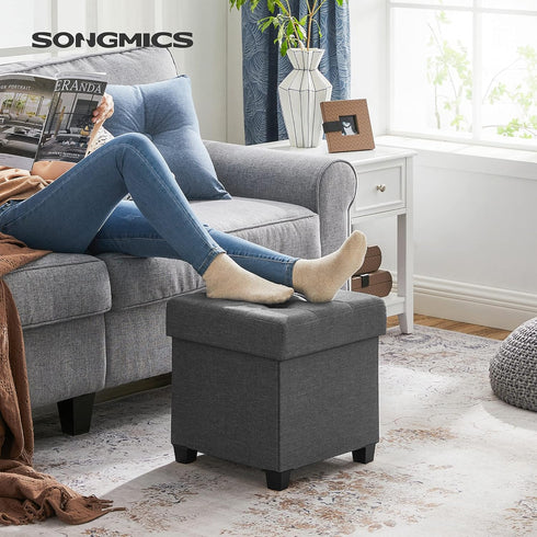 SONGMICS 15 Inches Cube Storage Ottoman, Dark Gray Bedroom Bench with Storage, Foot Stool Holds Up to 660 lb