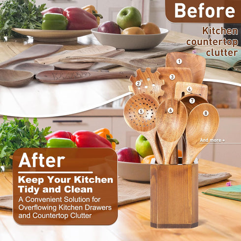 Kitchen Utensil Holder for Countertop, Wooden Utensil Crocks - Cooking Spoons Organizer