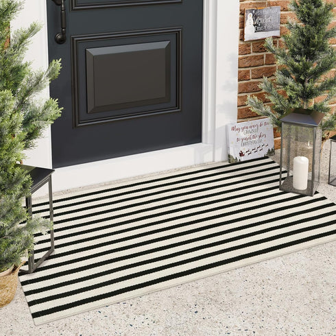 Striped Outdoor Front Door Mat 24"x51", Washable Black and White Rug Runner, Reversible Foldable Doormat