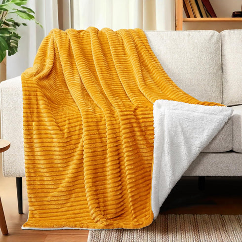 3D 50x60 inches PAVILIA Mustard Yellow Sherpa Fleece Throw Blanket for Couch, Soft Plush Fuzzy Blankets, Fluffy Flannel