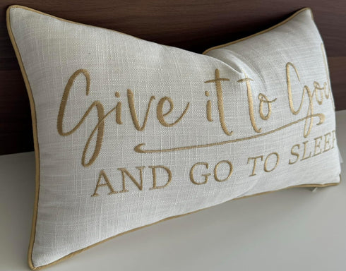 Embroidered Give It to God Quote Decorative Lumbar Throw Pillow Cover, 12x20 Inches, Ivory-Beige