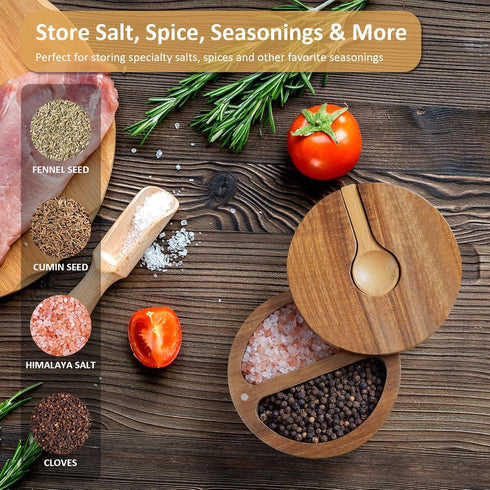OUTNILI 2-Compartment 6 oz Acacia Salt Box with Lid and Spoon, Salt Cellar with Swivel Lid, Salt Container Holder
