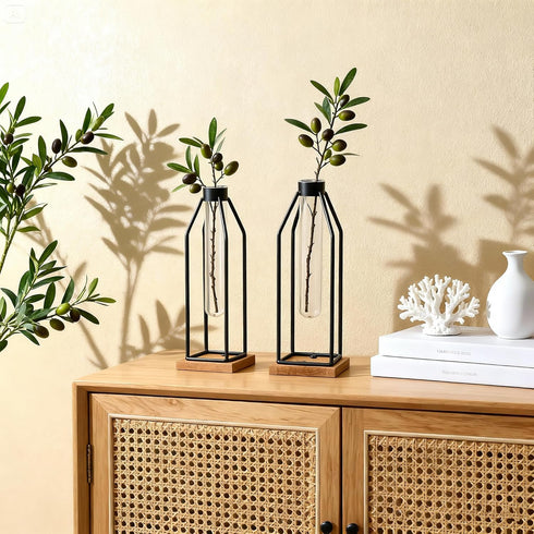 Set 2, 11&12.5 Inch Houmury Test Tube Vase of Flower Vases with Iron Stand & Wood Base, for Home Dcor, Table Decor