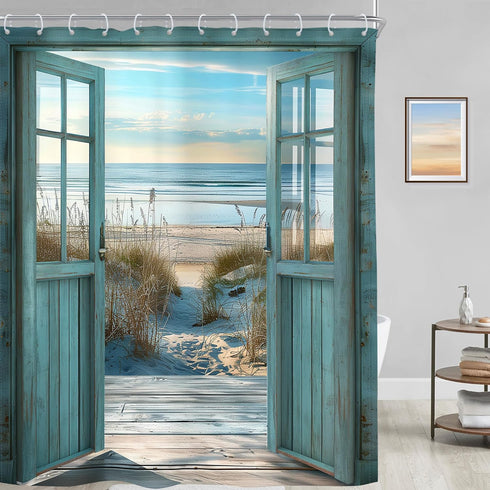 Riyidecor Blue Beach Barn Door Shower Curtain, Ocean Coastal Rustic Scenery, 72Wx72H Inch, Polyester Waterproof with 12