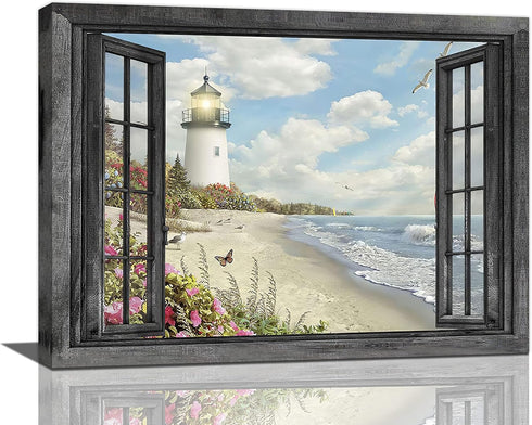 Lighthouse Nautical Wall Art - Coastal Beach Canvas Prints for Home Decor 16"x12"