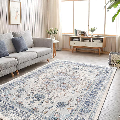 BESTSWEETIE 2x3 Entryway Rug 2 x 3 Area Rugs Washable Rugs Non-Slip Small Kitchen Rugs for Entryway Door Mat Indoor Entrance,Vintage Boho, Beige Blue