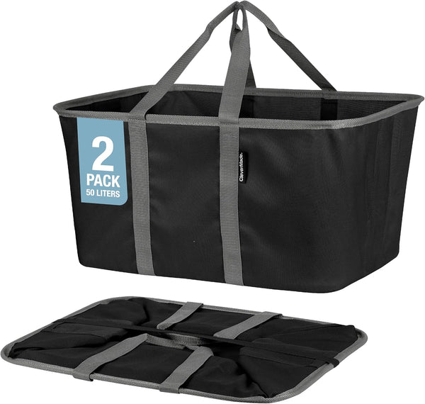 CleverMade Collapsible Laundry Tote, Midnight Black/Shadow Gray 2PK, 50L Collapsible Laundry Baskets with Long Carry