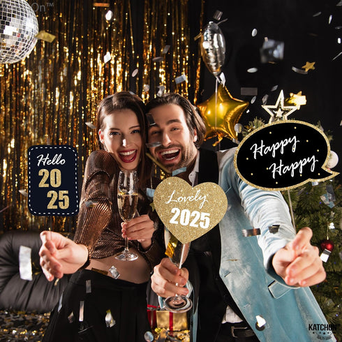 KatchOn Glitter New Years Photo Booth Props 2025 - Pack of 32 for New Years Eve Party Supplies and Decorations