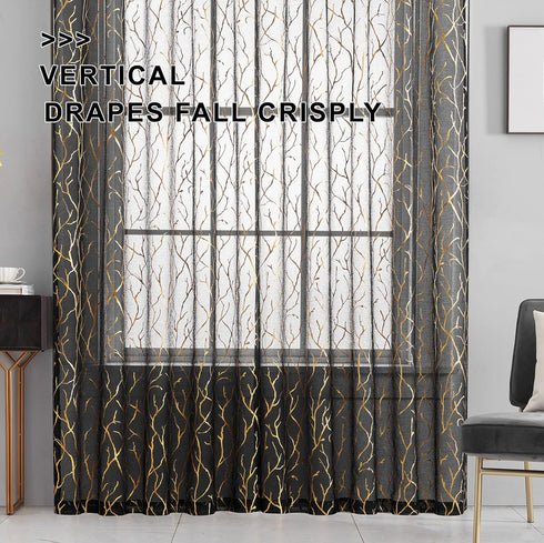 FINECITY Black Gold Sheer Curtains, Metallic Gold Foil Tree Branch, 63 Inch Length, Set of 2