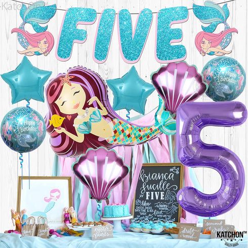 KatchOn Shiny Mermaid 5th Birthday Decorations - Pack of 9, Mermaid Balloons, Banners, Party Decorations