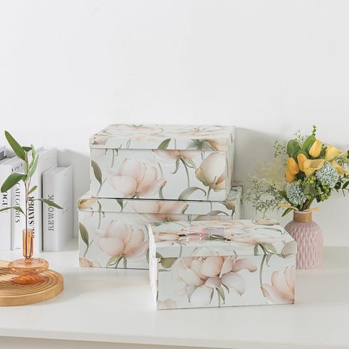 Set of 3 Soul & Lane Decorative Cardboard Storage Boxes - Peonies Paradise, Floral Nesting Boxes with Lids