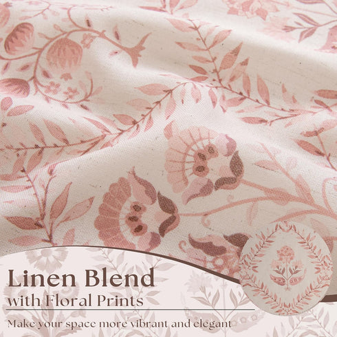 96 Inch 2 Set Pink Linen Floral Curtains Panel for Living Room Semi Sheer Light Filtering Window Curtains Blush Flower