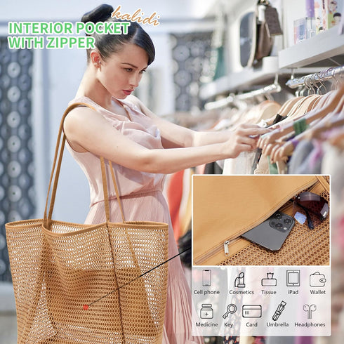 KALIDI Beach Mesh Tote Bag, Casual Hobo Tote Bag for Women, Foldable MAX 23L Shoulder Bag for Beach Picnic