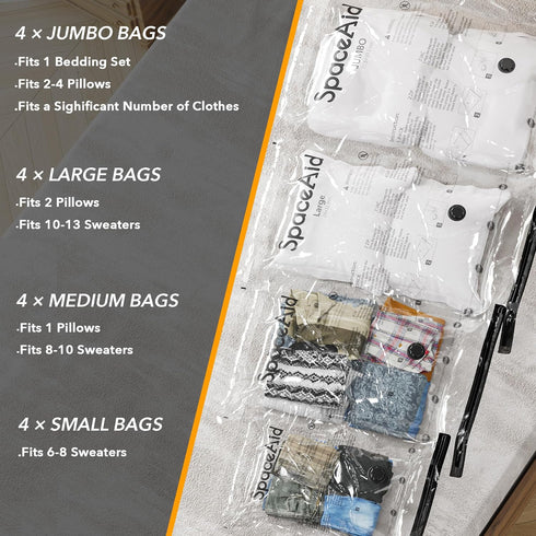 SpaceAid 20 Pack Vacuum Storage Bags for Comforters, Blankets, Pillows, Clothes (4 Jumbo/4 Large/4 Medium/4 Small/4