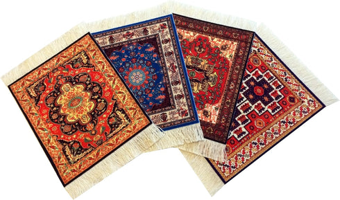 Set of 4 Rug Table Coasters – Oriental Design Fabric Drink Mats, Absorbent Kitchen Accessories, Red Blue