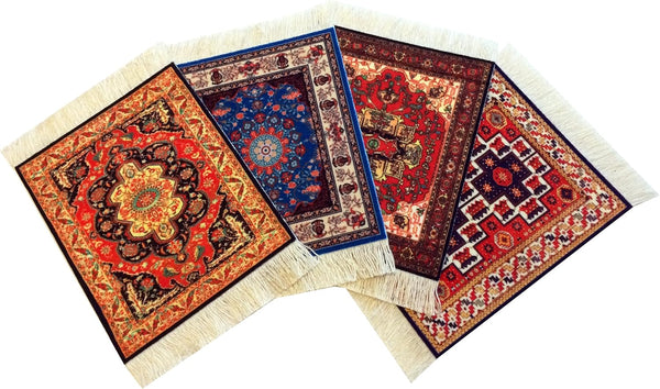 Set of 4 Rug Table Coasters – Oriental Design Fabric Drink Mats, Absorbent Kitchen Accessories, Red Blue