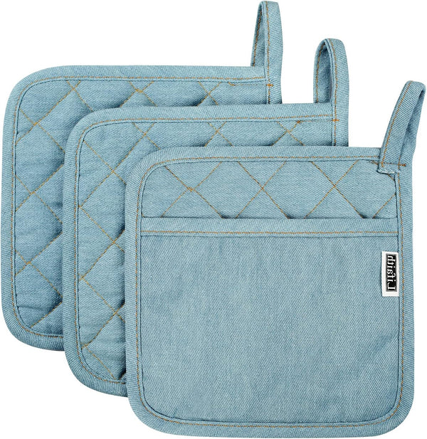 Denim Potholders Kitchen Everyday Basic 8 Inch 100% Cotton Pot Holder, Heat Resistant Hot Pads Set of 3 Light Blue