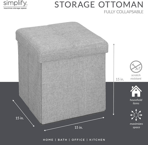 Simplify Faux Linen Folding Storage Ottoman | Single | Collapsible | Tufted Padded Seating | Foot Rest | Toy Box |