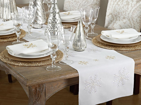 Saro Lifestyle Table Runner, Embroidered Snowflake Design, Ivory, 16"x72"