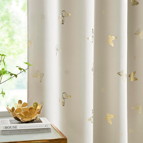 84 Inches Grommet Jubilantex Ivory Gold Butterfly Blackout Curtains Long with Black Layer Thermal Insulated Window