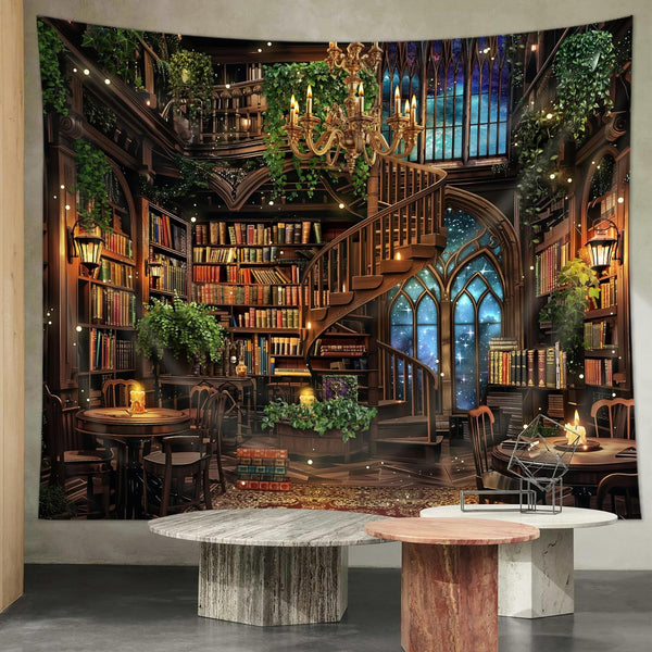 Riyidecor Magical Library Tapestry Fairy Tale Mysterious Mysty Bookshelf Wall Hanging Study