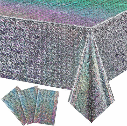 Irenare 3 Pack Iridescence Plastic Tablecloths, Holographic Foil Laser Table Covers for Girl Party Wedding Decorations